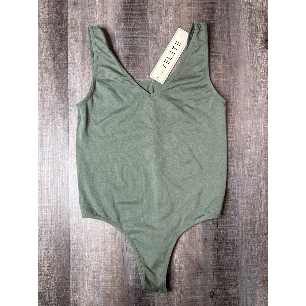 Yelete Smoky Olive Seamless V-Neck Sleeveless Bodysuit One Size